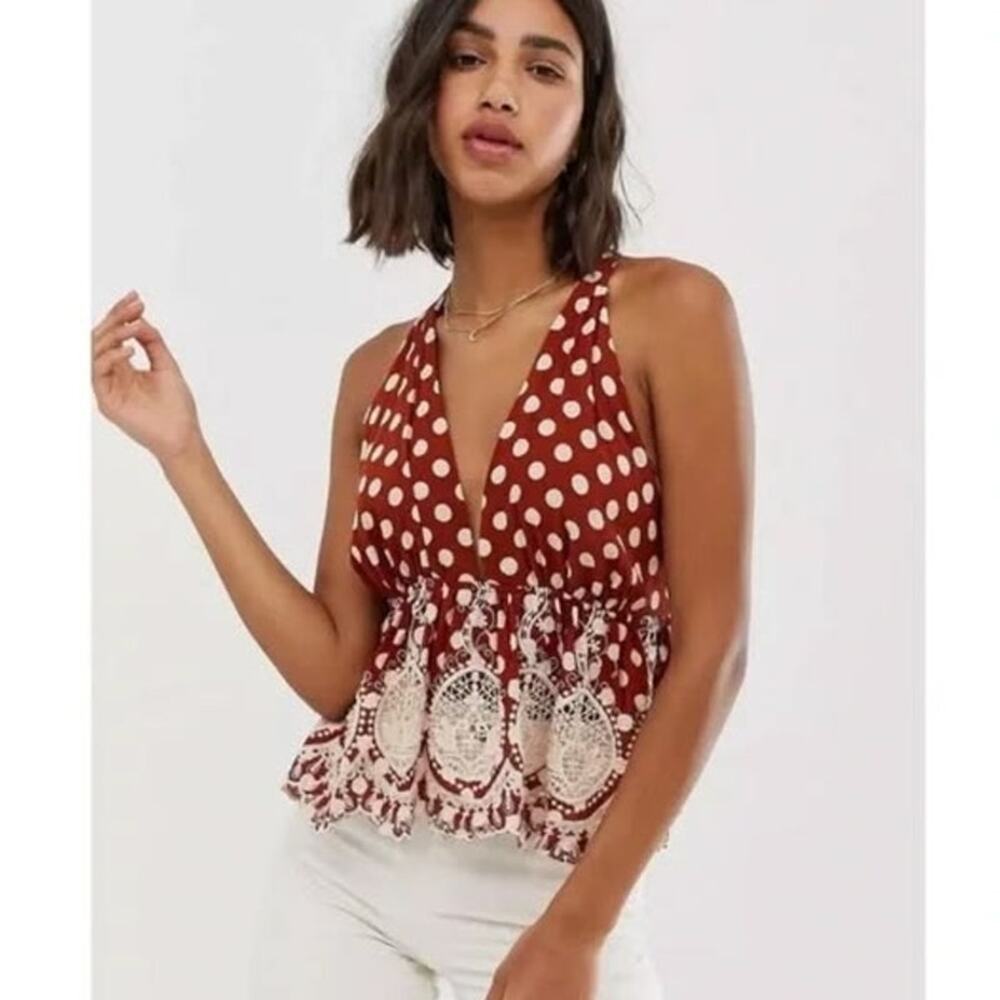 Free People Lunch Date Polka Dot Lace Peplum Lightweight Flowing Halter Tank Top